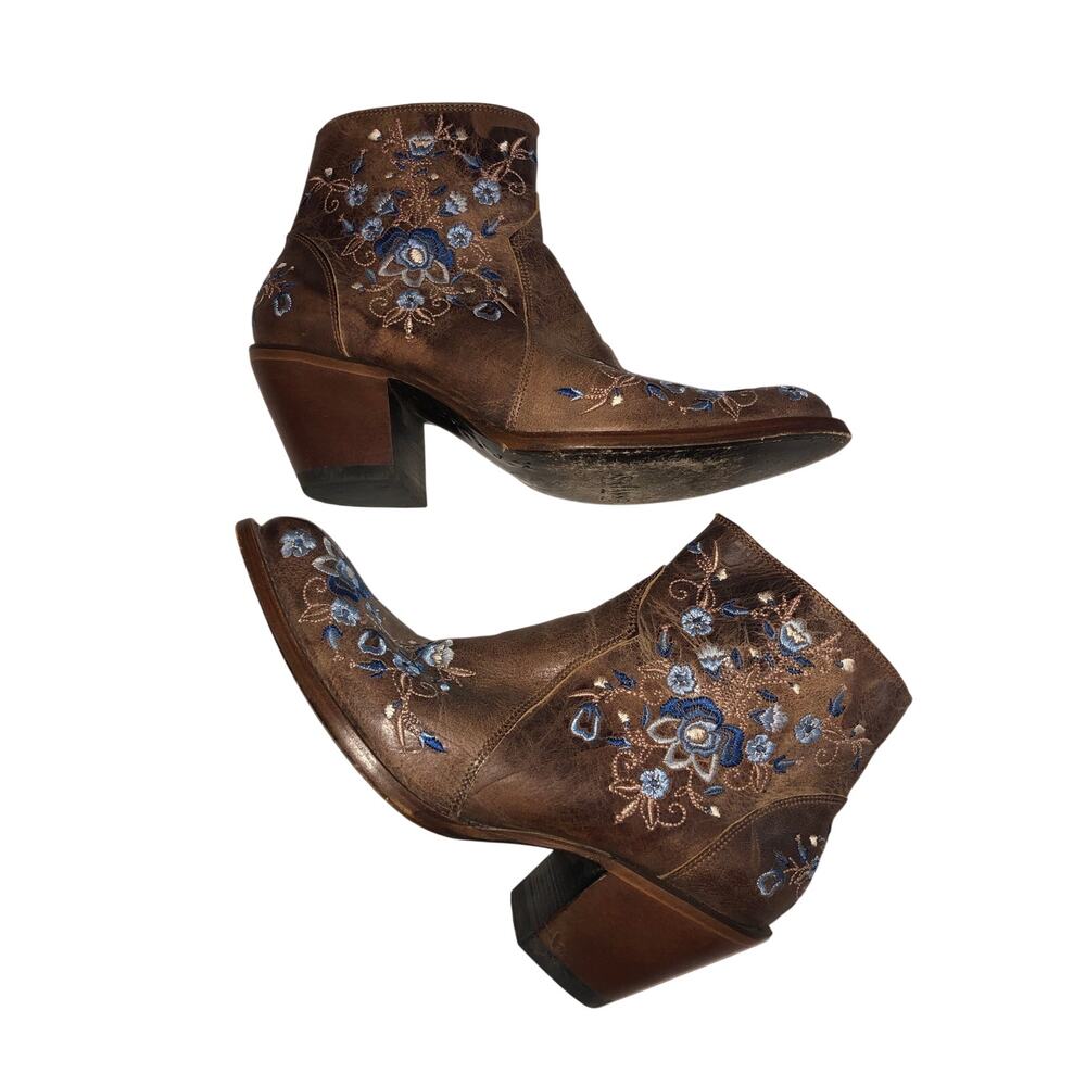 Shyanne Size 9 Tillie Floral Embroidered Leather Western Booties Brown Blue Boho